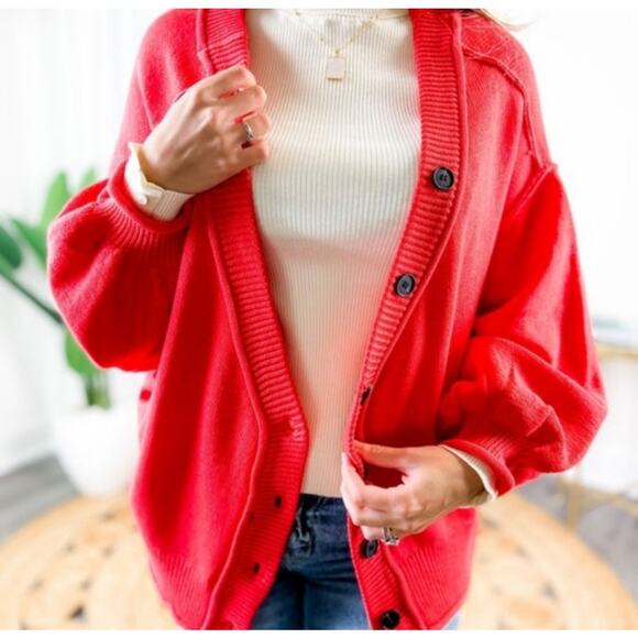 Pol Sweaters - Pol Oversized Hot Pink Knit Cozy Chunky Cardigan Sweater Balloon Sleeve